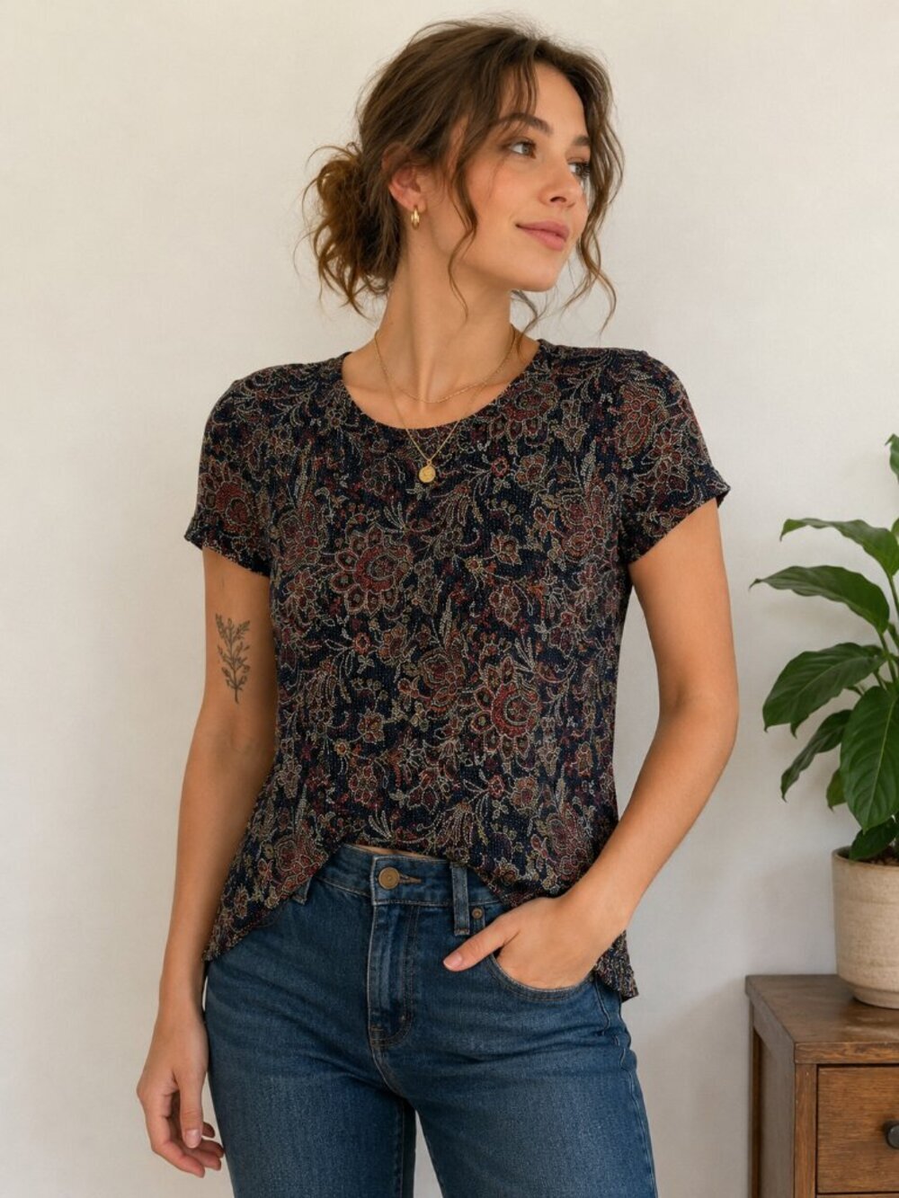 Lindor Petite Paisley Print Knit Top Medium Boho Stretch Career Casual